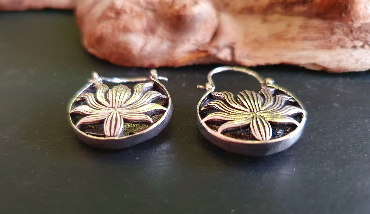 Boho Lotus Flower Silver Earrings; Ethnic, Geometric, Small, Rustic, Yoga, Hippie, Gypsy, Pretty, Ssy, Boho, Bohemian, Festival