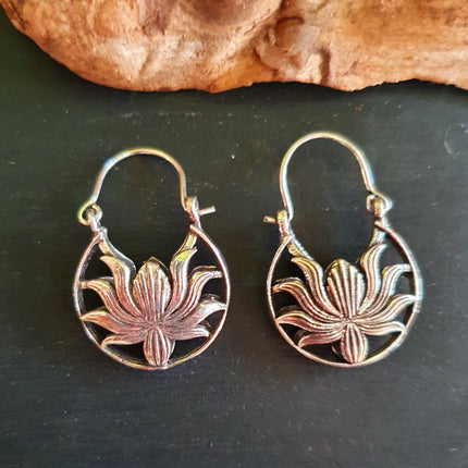 Boho Lotus Flower Silver Earrings; Ethnic, Geometric, Small, Rustic, Yoga, Hippie, Gypsy, Pretty, Ssy, Boho, Bohemian, Festival