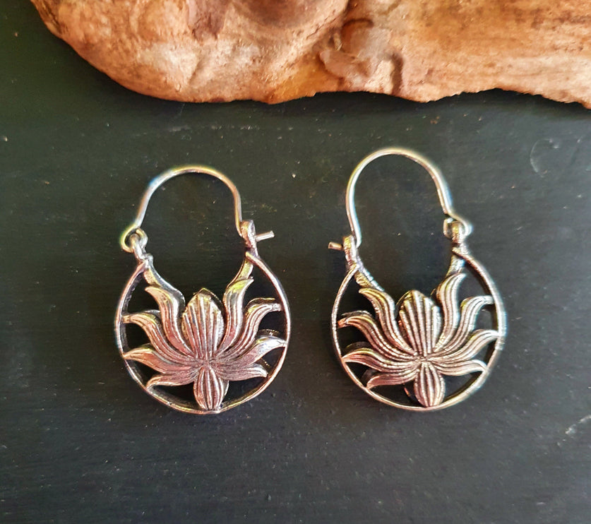 Boho Lotus Flower Silver Earrings; Ethnic, Geometric, Small, Rustic, Yoga, Hippie, Gypsy, Pretty, Ssy, Boho, Bohemian, Festival