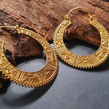 Gold Aztec Tuareg Hoop Earrings; Ethnic, Geometric, rustic, yoga, hippie, gypsy, pretty, psy, boho, bohemian, festival