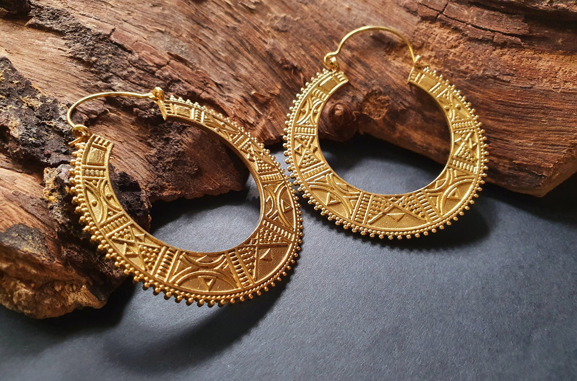 Gold Aztec Tuareg Hoop Earrings; Ethnic, Geometric, rustic, yoga, hippie, gypsy, pretty, psy, boho, bohemian, festival