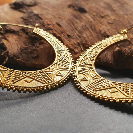 Gold Aztec Tuareg Hoop Earrings; Ethnic, Geometric, rustic, yoga, hippie, gypsy, pretty, psy, boho, bohemian, festival