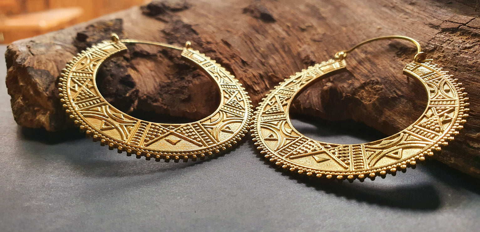 Gold Aztec Tuareg Hoop Earrings; Ethnic, Geometric, rustic, yoga, hippie, gypsy, pretty, psy, boho, bohemian, festival