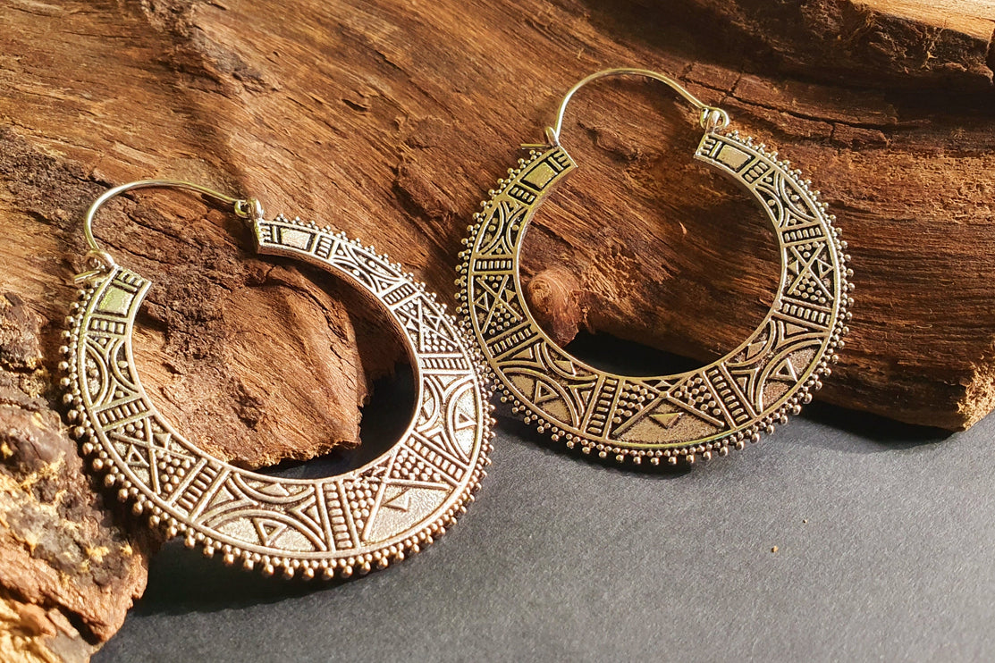 Silver Aztec Tuareg Hoop Earrings; Ethnic, Geometric, rustic, yoga, hippie, gypsy, pretty, psy, boho, bohemian, festival