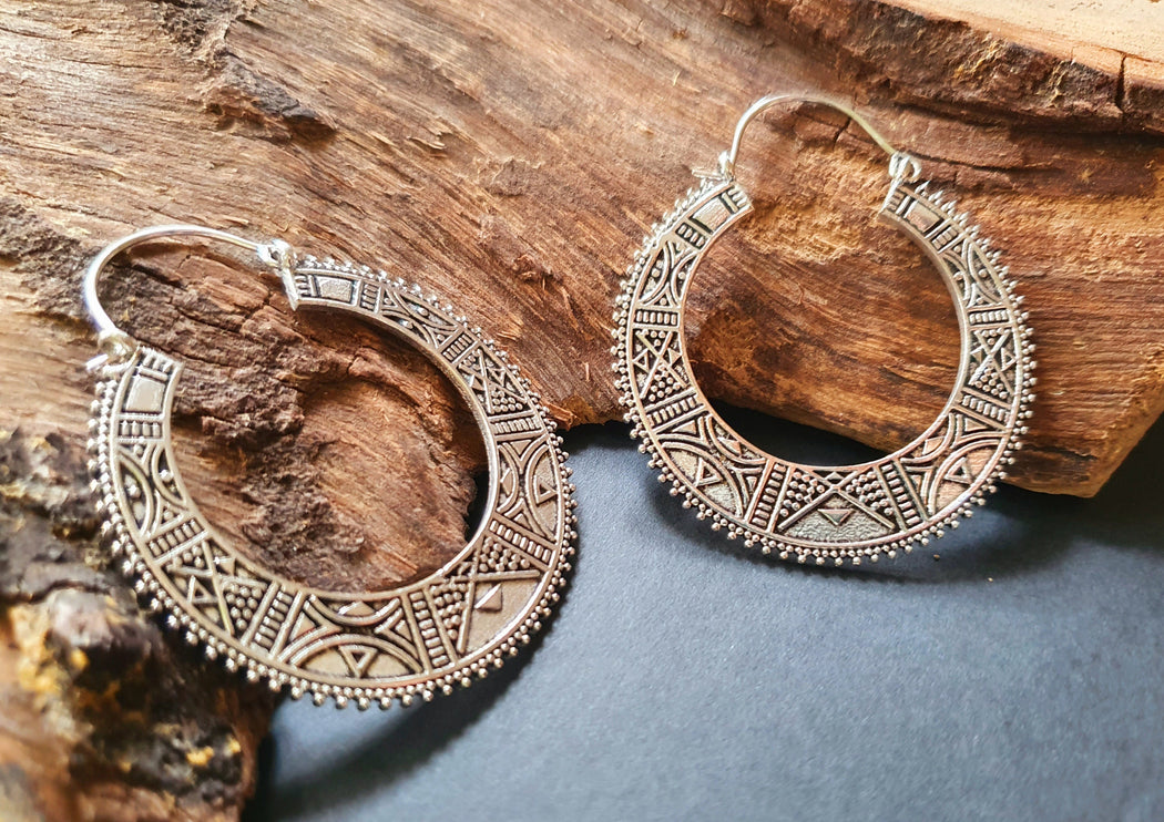 Silver Aztec Tuareg Hoop Earrings; Ethnic, Geometric, rustic, yoga, hippie, gypsy, pretty, psy, boho, bohemian, festival