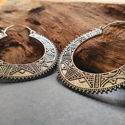 Silver Aztec Tuareg Hoop Earrings; Ethnic, Geometric, rustic, yoga, hippie, gypsy, pretty, psy, boho, bohemian, festival