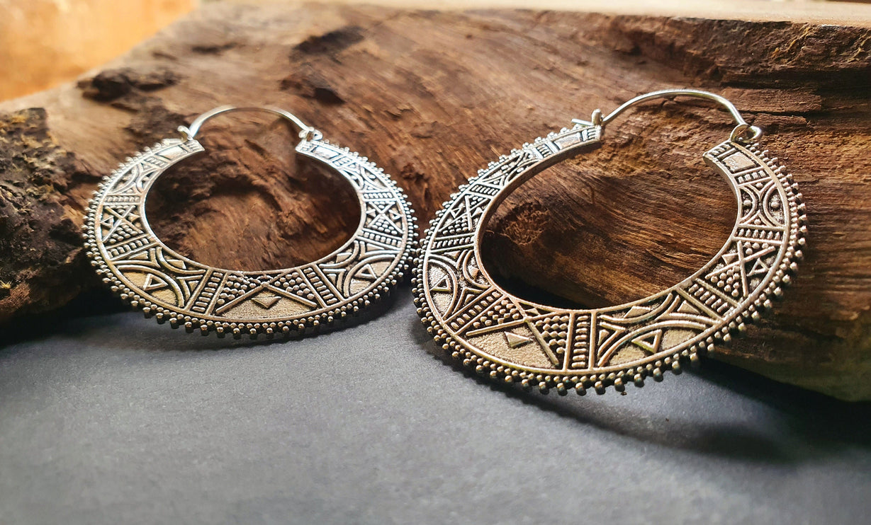 Silver Aztec Tuareg Hoop Earrings; Ethnic, Geometric, rustic, yoga, hippie, gypsy, pretty, psy, boho, bohemian, festival