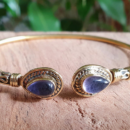 Amethyst / Bali Boho Brass Bracelet / Bangle / Ethnic / Rustic / Bohemian / Hippie / Gypsy / Psy / Adjustable