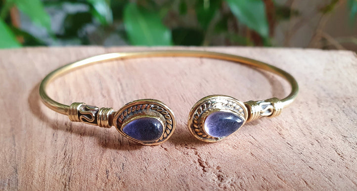 Amethyst / Bali Boho Brass Bracelet / Bangle / Ethnic / Rustic / Bohemian / Hippie / Gypsy / Psy / Adjustable