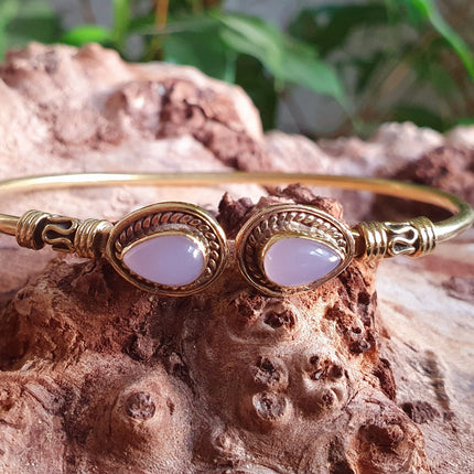 Bali Boho Brass Bracelet / Rose Quartz / Bangle / Ethnic / Rustic / Bohemian / Hippie / Gypsy / Psy / Adjustable