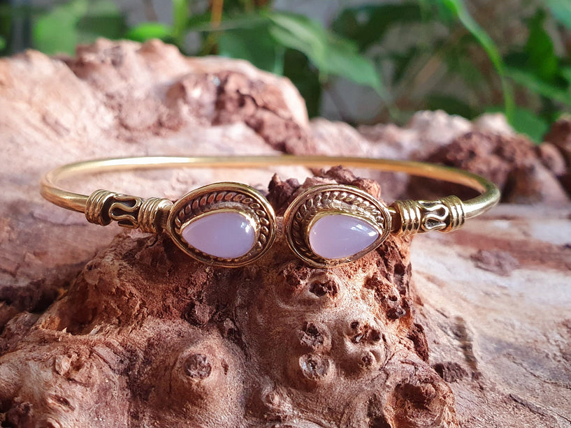 Bali Boho Brass Bracelet / Rose Quartz / Bangle / Ethnic / Rustic / Bohemian / Hippie / Gypsy / Psy / Adjustable