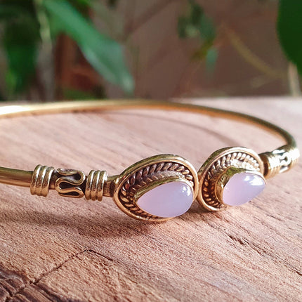 Bali Boho Brass Bracelet / Rose Quartz / Bangle / Ethnic / Rustic / Bohemian / Hippie / Gypsy / Psy / Adjustable