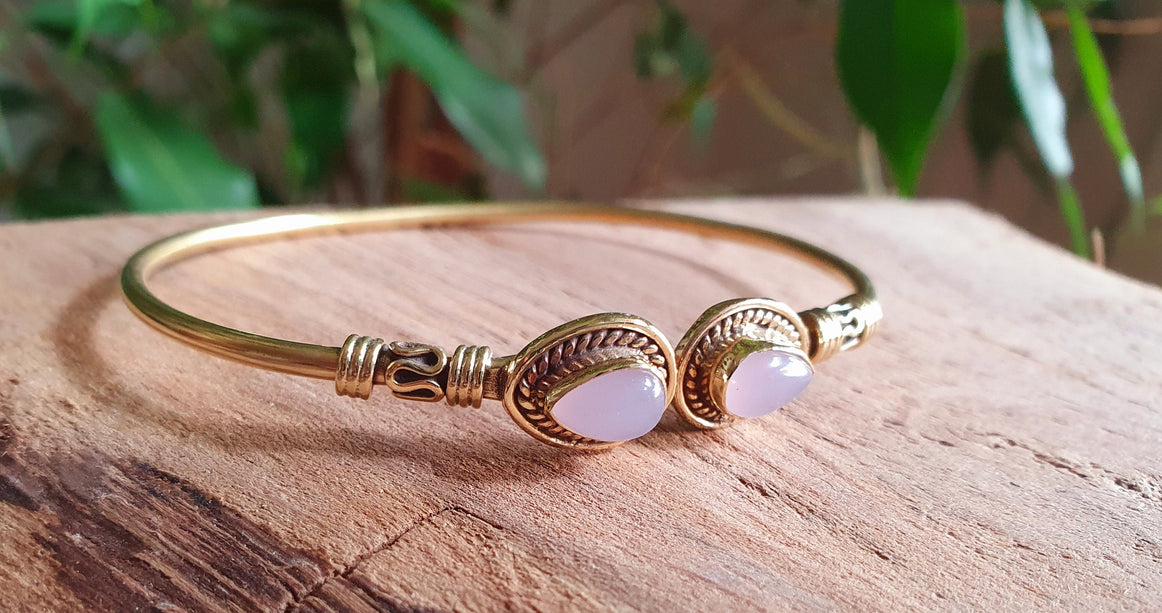 Bali Boho Brass Bracelet / Rose Quartz / Bangle / Ethnic / Rustic / Bohemian / Hippie / Gypsy / Psy / Adjustable