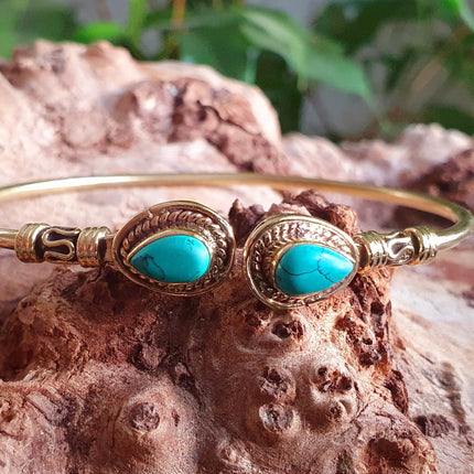 Bali Boho Brass Bracelet / Turquoise / Bangle / Ethnic / Rustic / Bohemian / Hippie / Gypsy / Psy / Adjustable