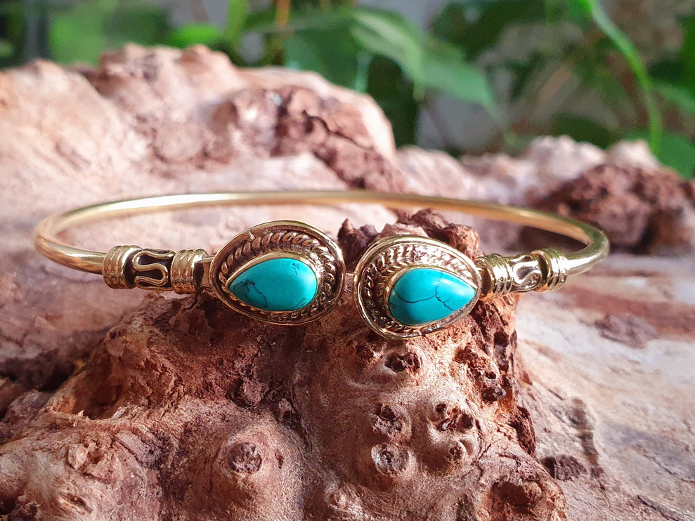 Bali Boho Brass Bracelet / Turquoise / Bangle / Ethnic / Rustic / Bohemian / Hippie / Gypsy / Psy / Adjustable