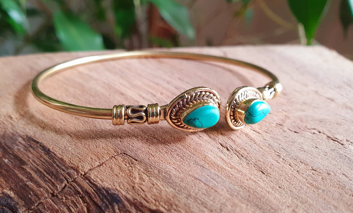 Bali Boho Brass Bracelet / Turquoise / Bangle / Ethnic / Rustic / Bohemian / Hippie / Gypsy / Psy / Adjustable