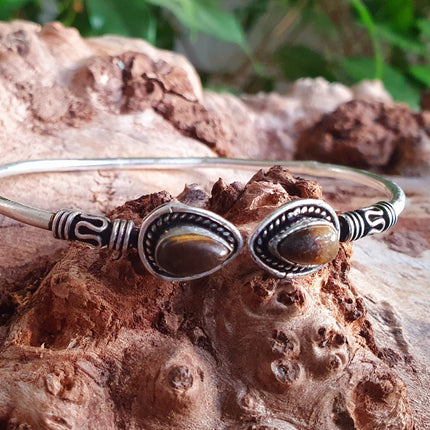 Bali Tiger Eye Silver Bracelet / Bangle / Ethnic / Rustic / Bohemian / Hippie / Gypsy / Psy / Adjustable / White stone