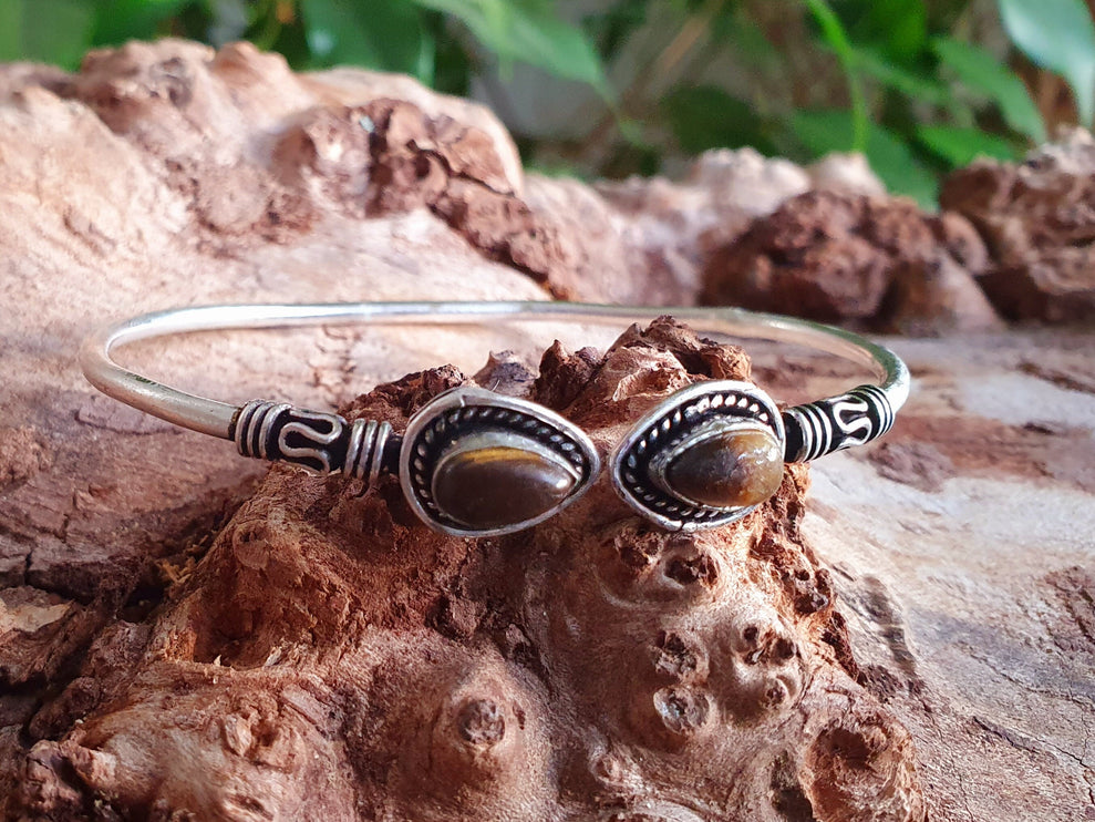 Bali Tiger Eye Silver Bracelet / Bangle / Ethnic / Rustic / Bohemian / Hippie / Gypsy / Psy / Adjustable / White stone