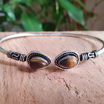 Bali Tiger Eye Silver Bracelet / Bangle / Ethnic / Rustic / Bohemian / Hippie / Gypsy / Psy / Adjustable / White stone