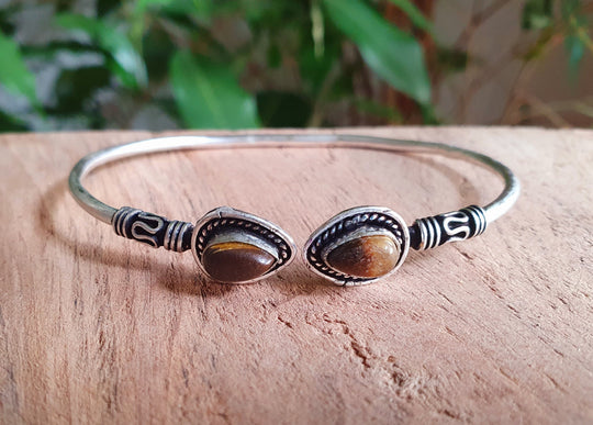 Bali Tiger Eye Silver Bracelet / Bangle / Ethnic / Rustic / Bohemian / Hippie / Gypsy / Psy / Adjustable / White stone