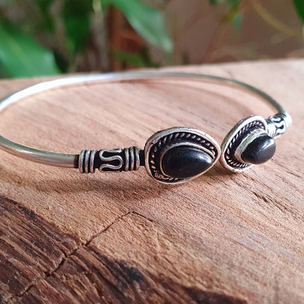 Bali Black Onyx Silver Bracelet / Bangle / Ethnic / Rustic / Bohemian / Hippie / Gypsy / Psy / Adjustable / Blue stone