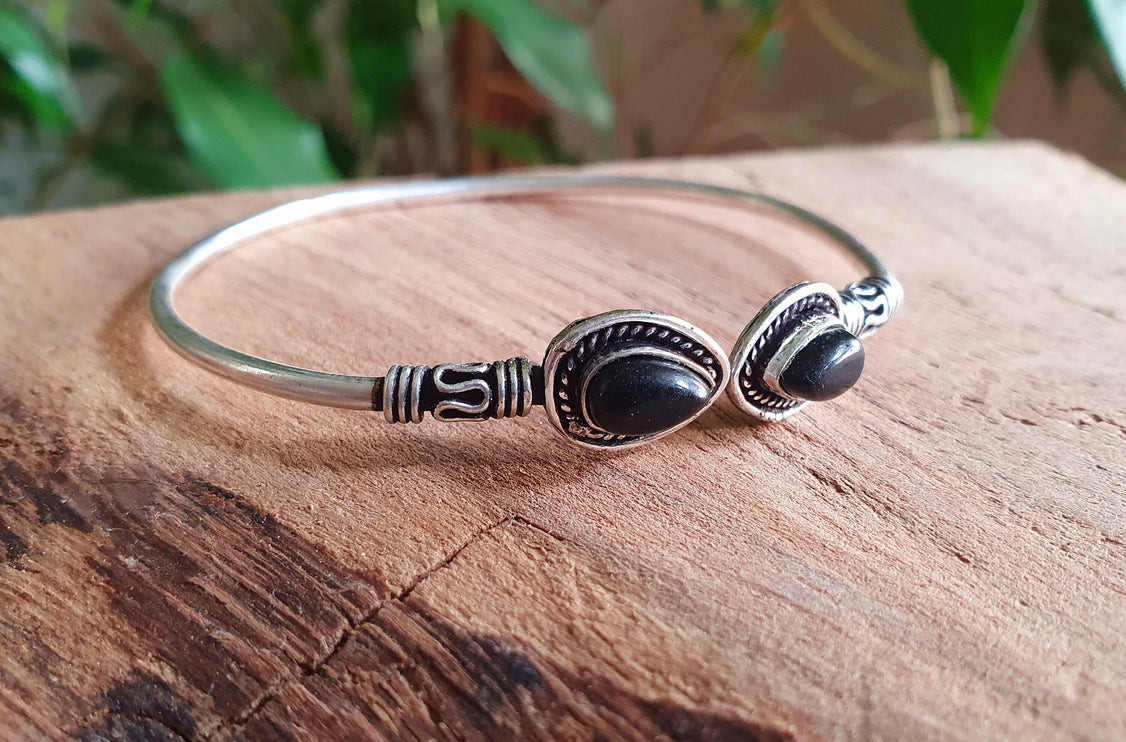 Bali Black Onyx Silver Bracelet / Bangle / Ethnic / Rustic / Bohemian / Hippie / Gypsy / Psy / Adjustable / Blue stone