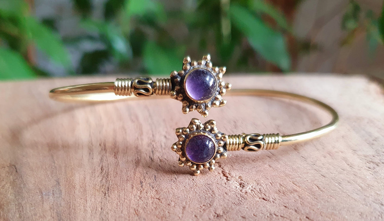 Bali Flower Brass Bracelet / Amethyst / Bangle / Ethnic / Rustic / Bohemian / Hippie / Gypsy / Psy / Adjustable