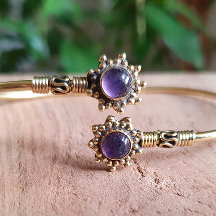 Bali Flower Brass Bracelet / Amethyst / Bangle / Ethnic / Rustic / Bohemian / Hippie / Gypsy / Psy / Adjustable