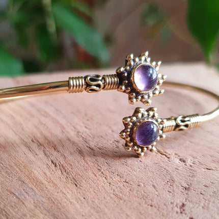 Bali Flower Brass Bracelet / Amethyst / Bangle / Ethnic / Rustic / Bohemian / Hippie / Gypsy / Psy / Adjustable