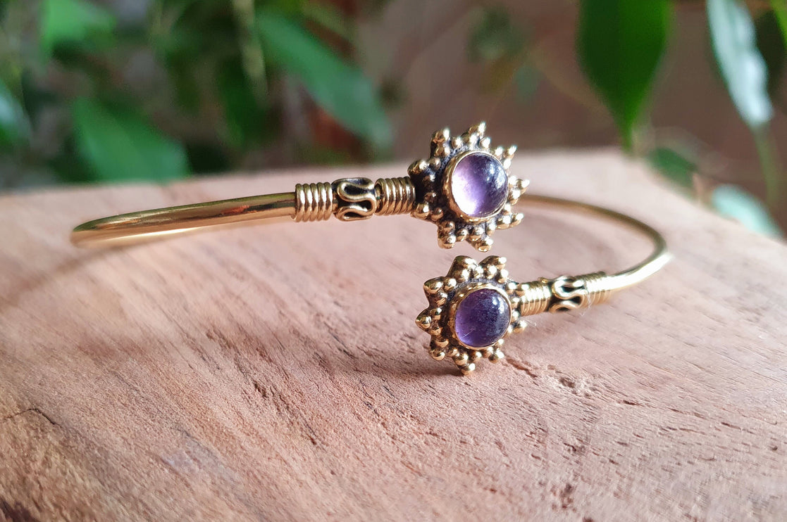 Bali Flower Brass Bracelet / Amethyst / Bangle / Ethnic / Rustic / Bohemian / Hippie / Gypsy / Psy / Adjustable