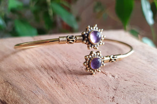 Boho Brass Bracelet Amethyst, Women's Ethnic Bangle, Amethyst Gift