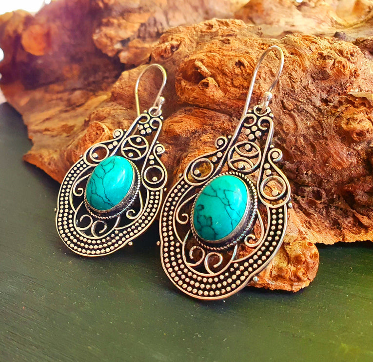 Large Turquoise Silver Drop Dangle earrings / Birth Stone / Ethnic / rustic, yoga, hippie, gypsy, pretty, psy, boho, bohemian, festival