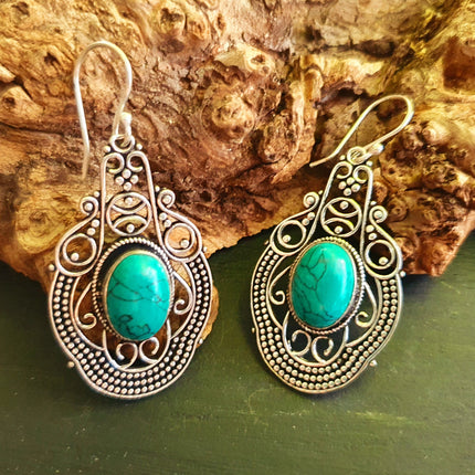 Large Turquoise Silver Drop Dangle earrings / Birth Stone / Ethnic / rustic, yoga, hippie, gypsy, pretty, psy, boho, bohemian, festival