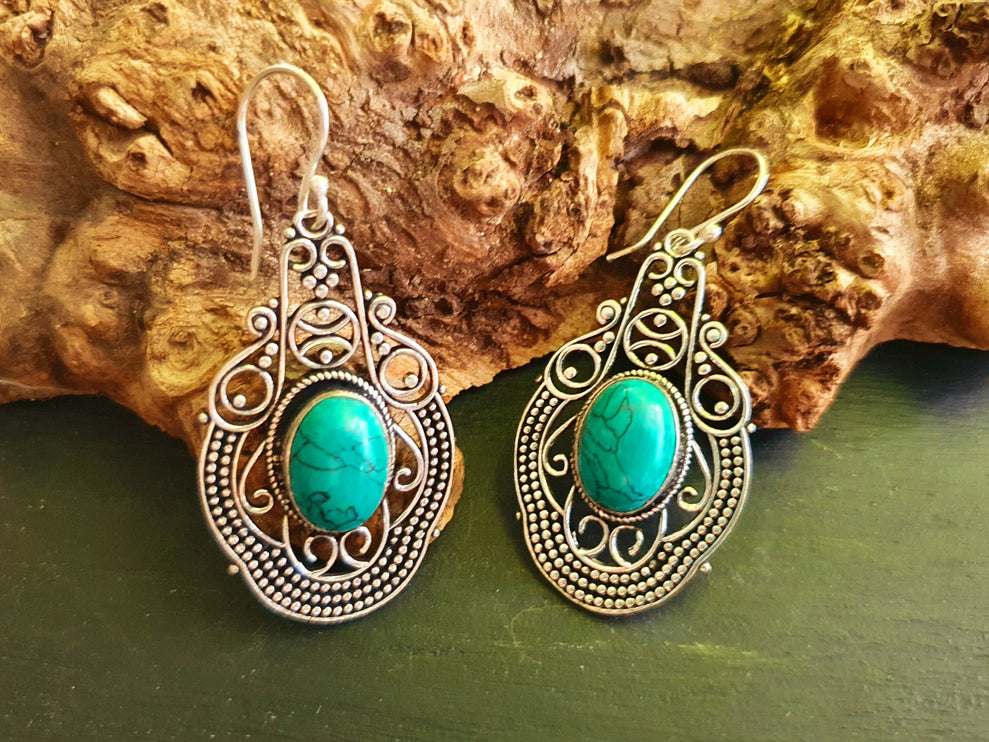 Large Turquoise Silver Drop Dangle earrings / Birth Stone / Ethnic / rustic, yoga, hippie, gypsy, pretty, psy, boho, bohemian, festival