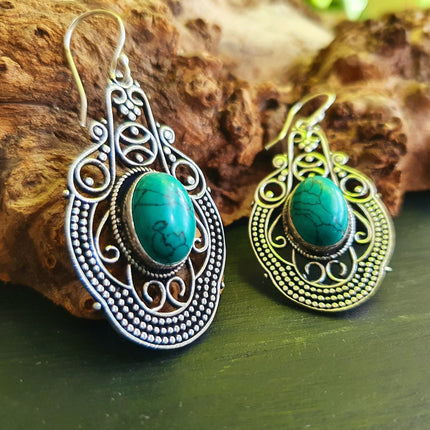 Large Turquoise Silver Drop Dangle earrings / Birth Stone / Ethnic / rustic, yoga, hippie, gypsy, pretty, psy, boho, bohemian, festival