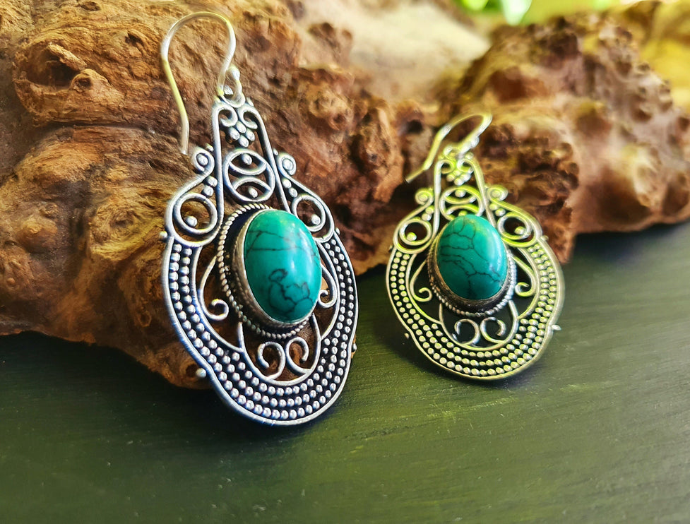 Large Turquoise Silver Drop Dangle earrings / Birth Stone / Ethnic / rustic, yoga, hippie, gypsy, pretty, psy, boho, bohemian, festival