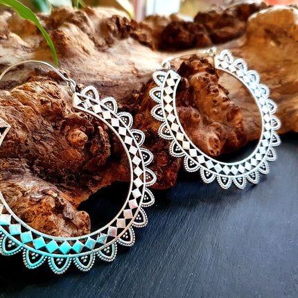 Extra Large Silver Hoop Earrings; Boho Ethnic Rustic Indian Festival Psy Gypsy Spiral Hippie style