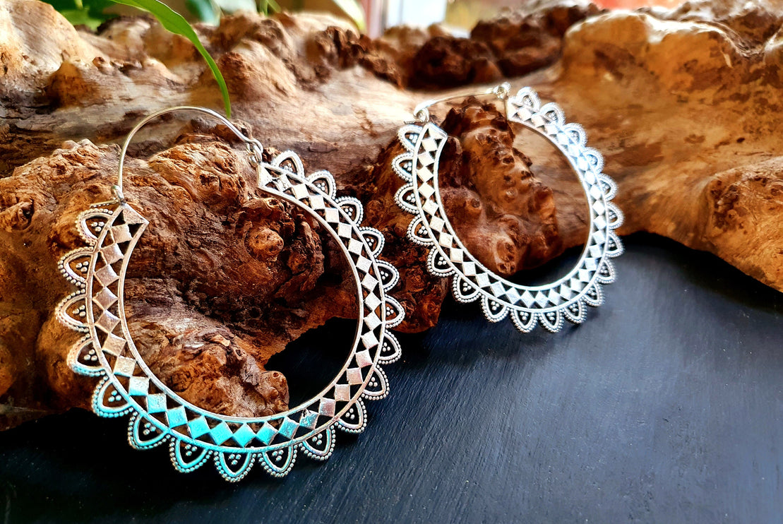 Extra Large Silver Hoop Earrings; Boho Ethnic Rustic Indian Festival Psy Gypsy Spiral Hippie style