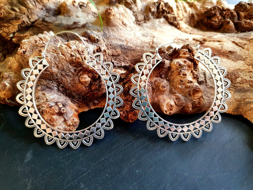 Extra Large Silver Hoop Earrings; Boho Ethnic Rustic Indian Festival Psy Gypsy Spiral Hippie style