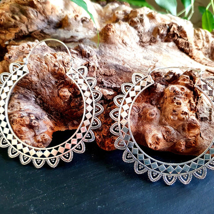 Extra Large Silver Hoop Earrings; Boho Ethnic Rustic Indian Festival Psy Gypsy Spiral Hippie style