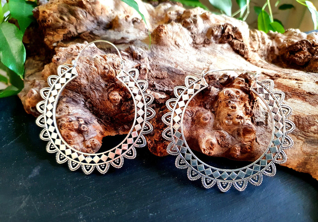 Extra Large Silver Hoop Earrings; Boho Ethnic Rustic Indian Festival Psy Gypsy Spiral Hippie style