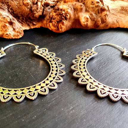 Extra Large Silver Hoop Earrings; Boho Ethnic Rustic Indian Festival Psy Gypsy Spiral Hippie style