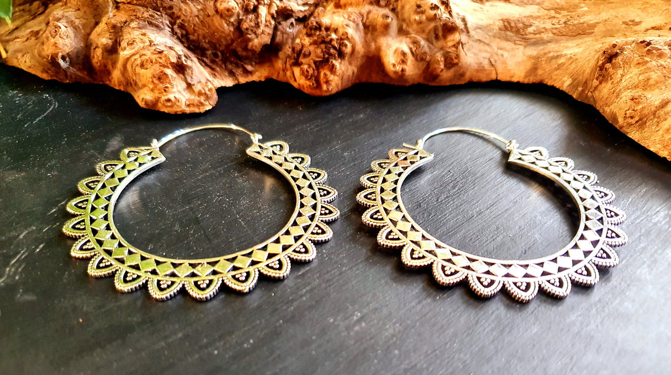 Extra Large Silver Hoop Earrings; Boho Ethnic Rustic Indian Festival Psy Gypsy Spiral Hippie style