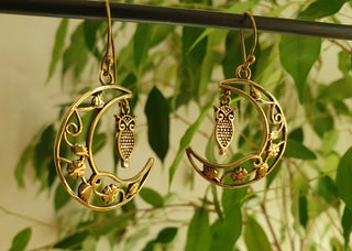 Owl In the Moon Dangle Brass Earrings / Stars / Birds / Drop / Rustic / Animals / Hippie / Gypsy / Nature / Boho / Bohemian / Festival