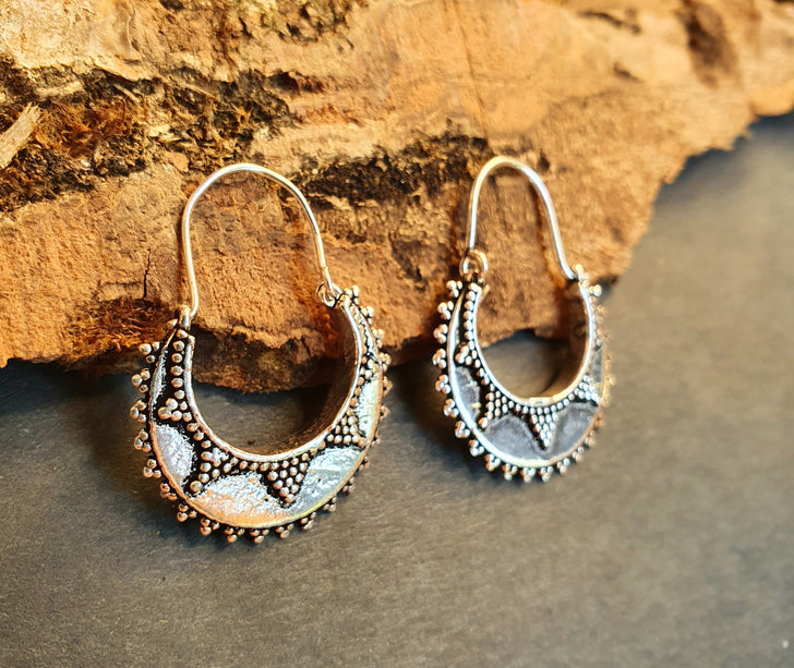 Small Afghani Hoops Earrings; Ethnic, Geometric, Small, Rustic, Yoga, Hippie, Gypsy, Pretty, Ssy, Boho, Bohemian, Festival
