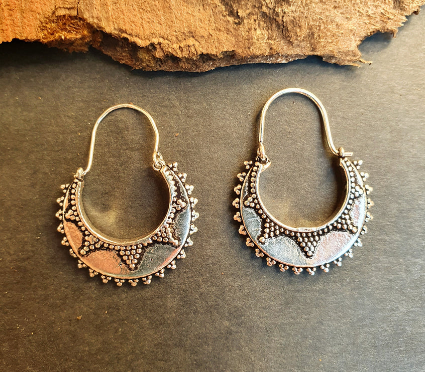 Small Afghani Hoops Earrings; Ethnic, Geometric, Small, Rustic, Yoga, Hippie, Gypsy, Pretty, Ssy, Boho, Bohemian, Festival