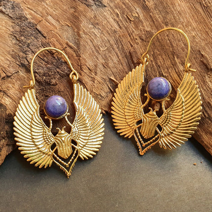 Gold Scarab Earrings Ancient Egypt Lapis Lazuli & Brass ; Ethnic, Geometric, rustic, yoga, hippie, gypsy, pretty, boho, bohemian, festival