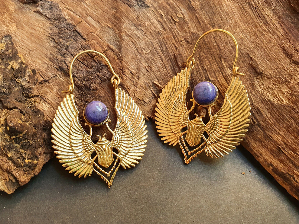 Gold Scarab Earrings Ancient Egypt Lapis Lazuli & Brass ; Ethnic, Geometric, rustic, yoga, hippie, gypsy, pretty, boho, bohemian, festival