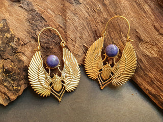 Gold Scarab Earrings Ancient Egypt Lapis Lazuli & Brass ; Ethnic, Geometric, rustic, yoga, hippie, gypsy, pretty, boho, bohemian, festival