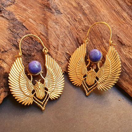 Gold Scarab Earrings Ancient Egypt Lapis Lazuli & Brass ; Ethnic, Geometric, rustic, yoga, hippie, gypsy, pretty, boho, bohemian, festival